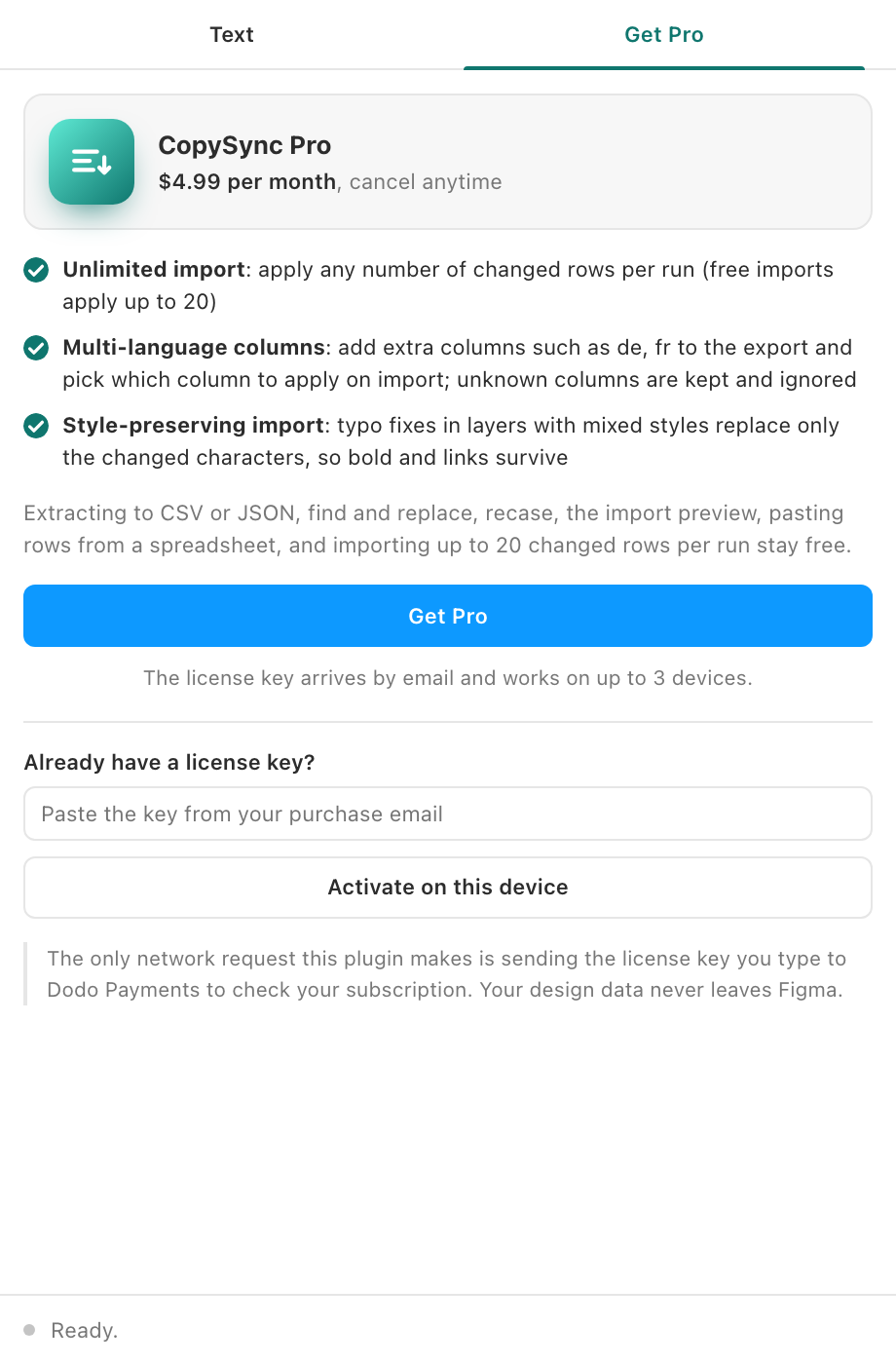 The Get Pro tab in CopySync.