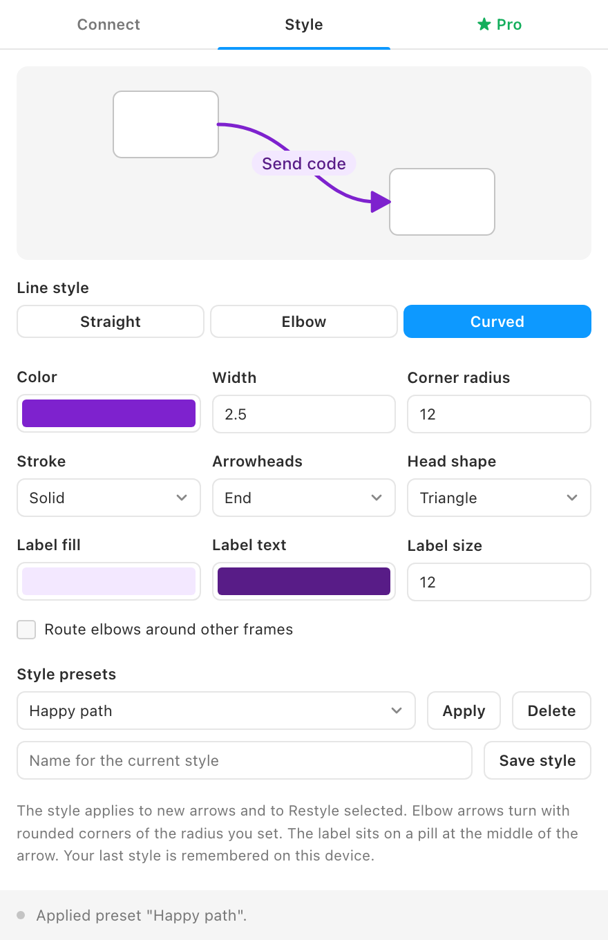 The Style tab: a curved arrow with the label Send code in the live preview.