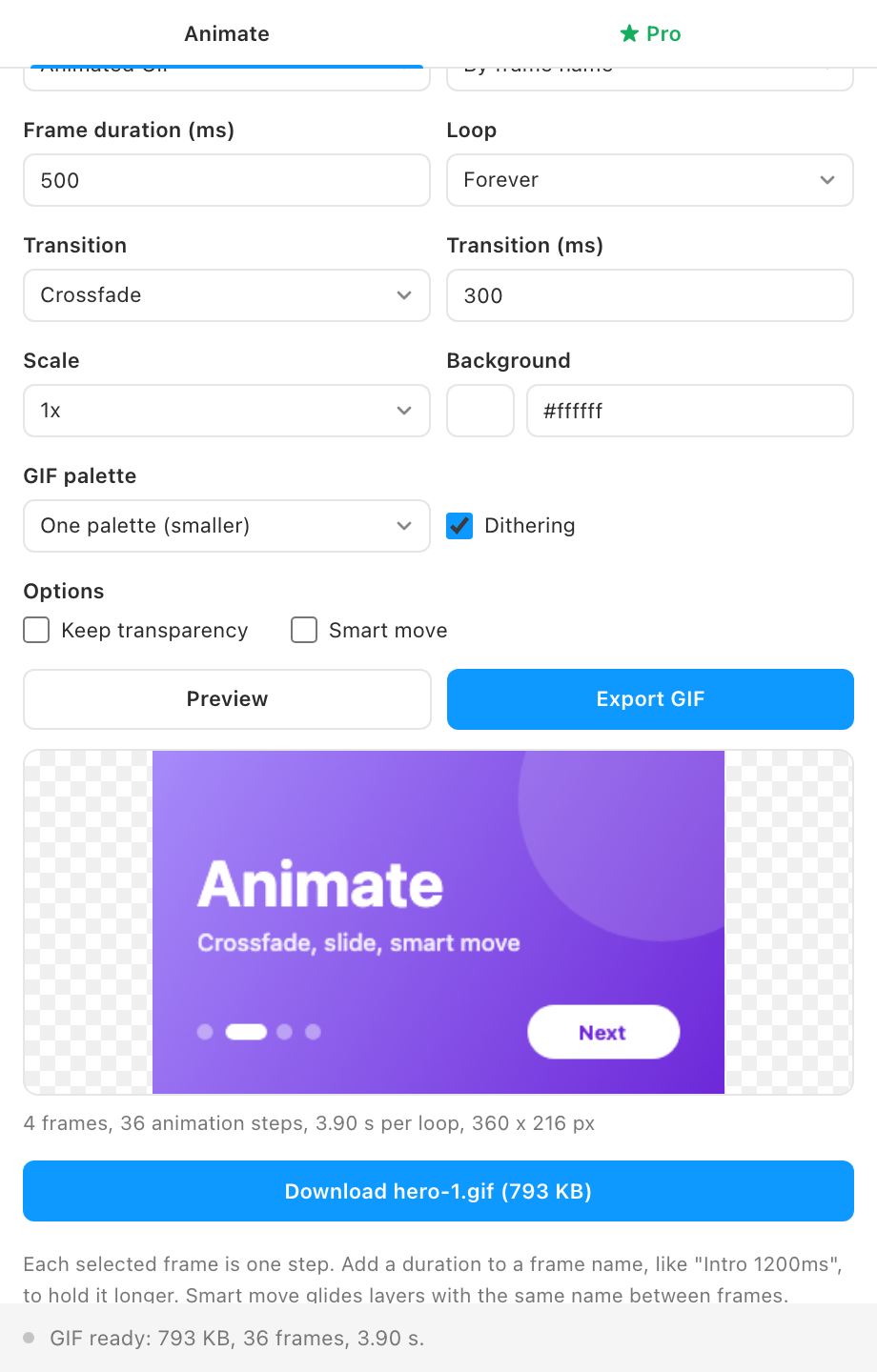 A finished GIF export with the preview and a Download button showing the file size.