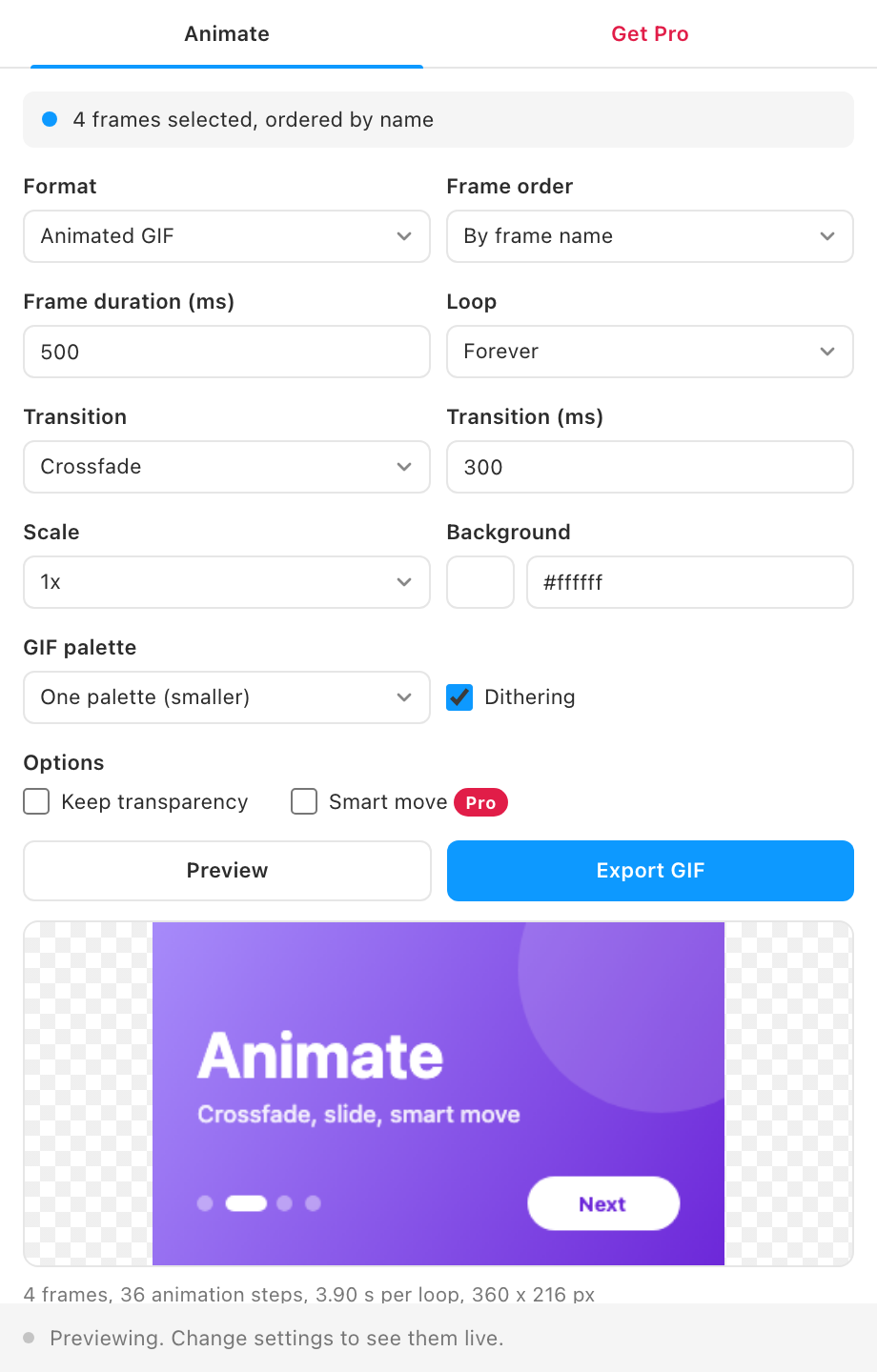 The Animate tab with four frames selected and the live preview playing.