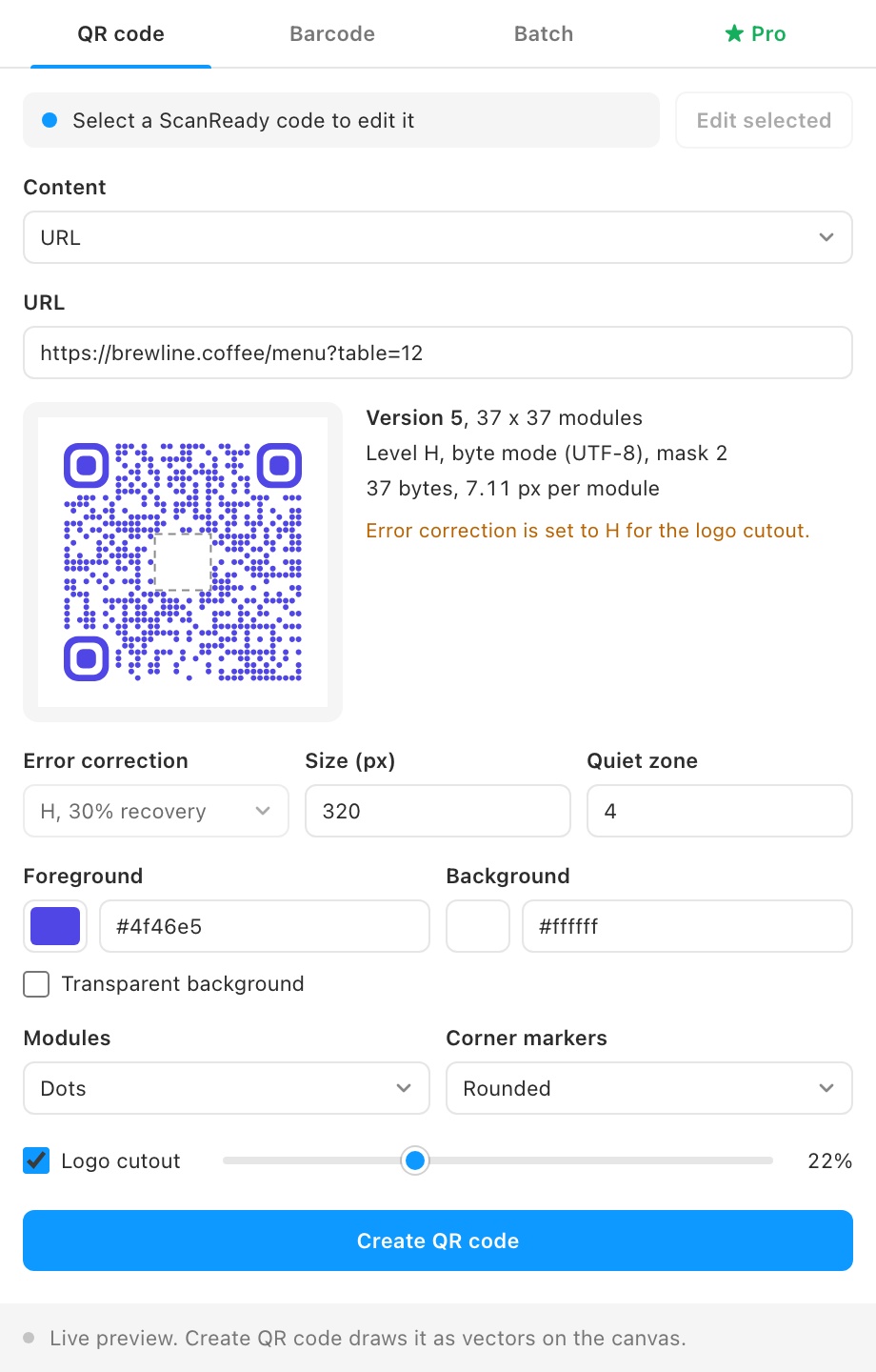 A dotted QR code in indigo with a logo cutout in the live preview.