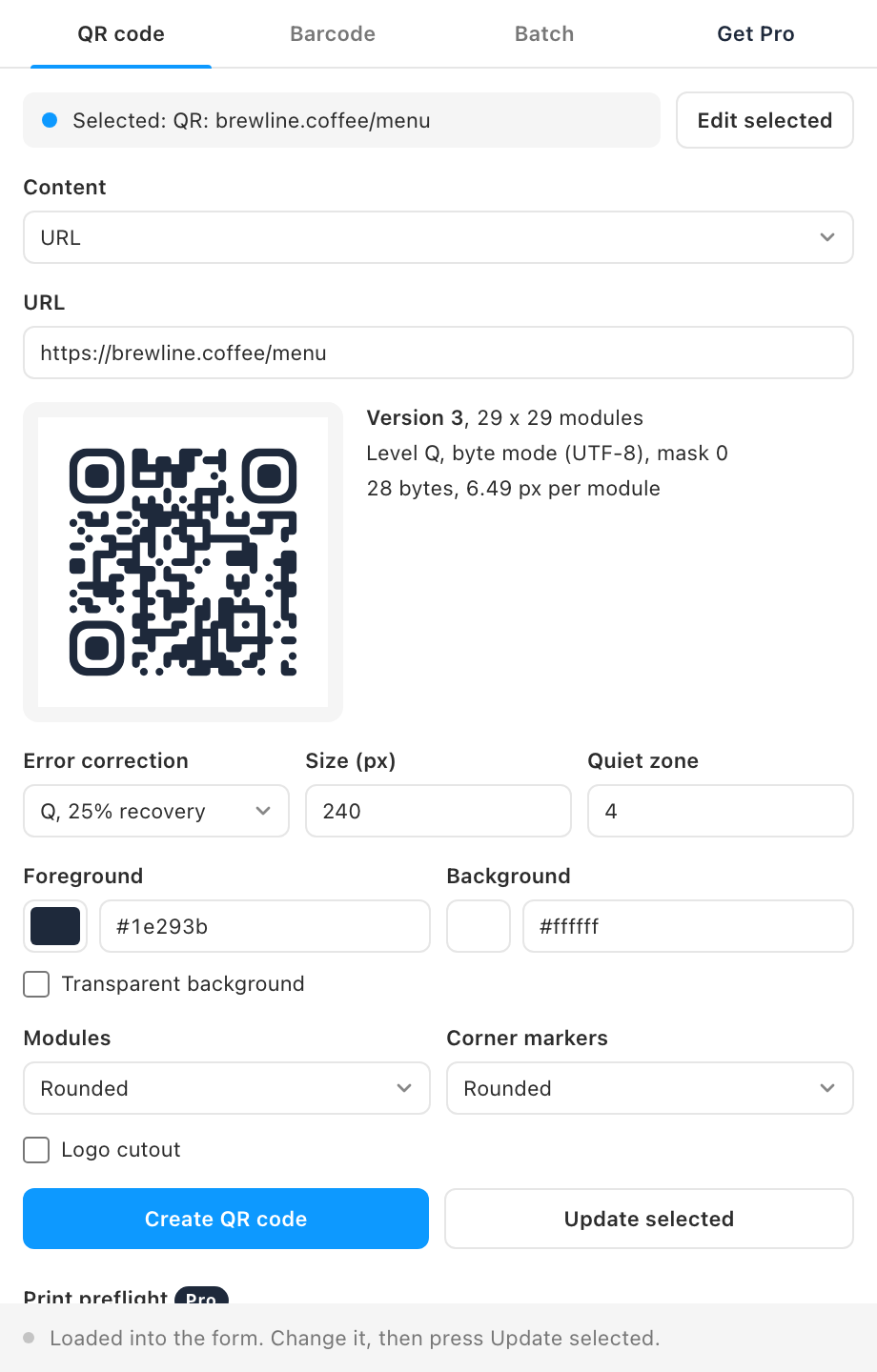 The QR code tab with an existing code loaded for editing.