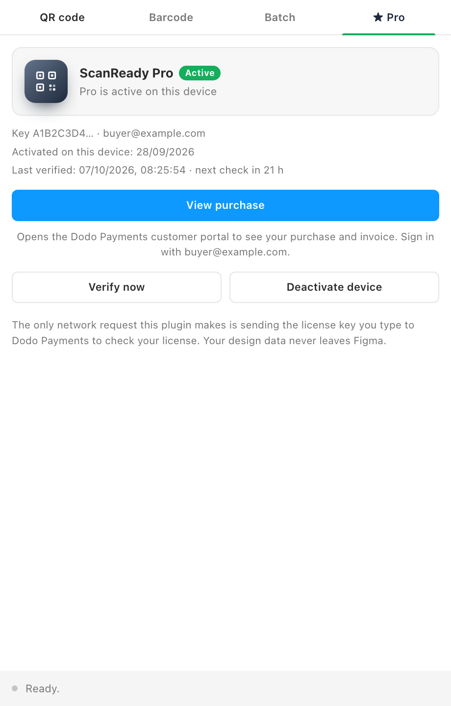 The Get Pro tab with an active license.