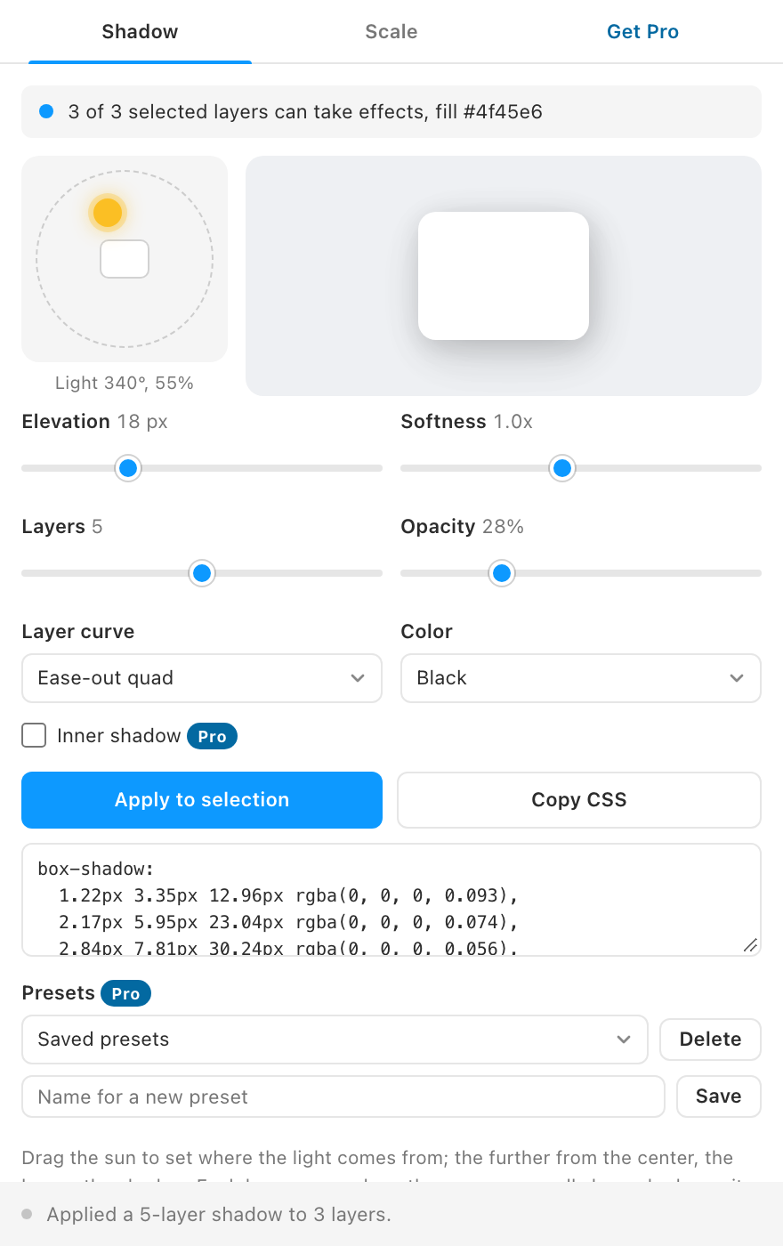 The Shadow tab with the light pad, the preview card and the generated CSS.