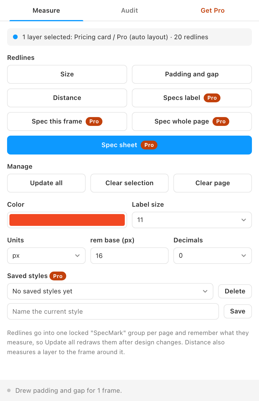 The Measure tab with an auto layout frame selected.