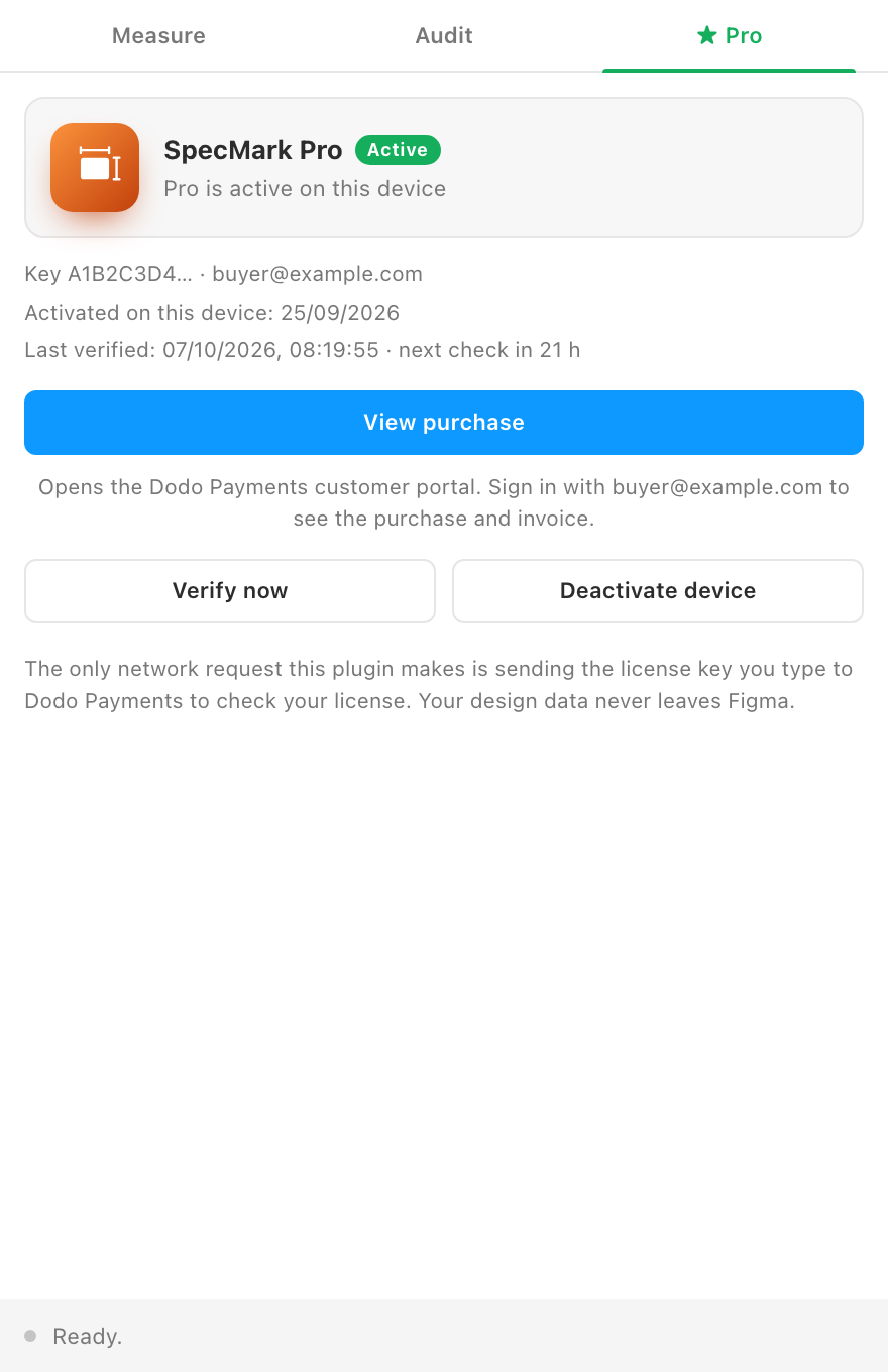 The Get Pro tab with an active license.