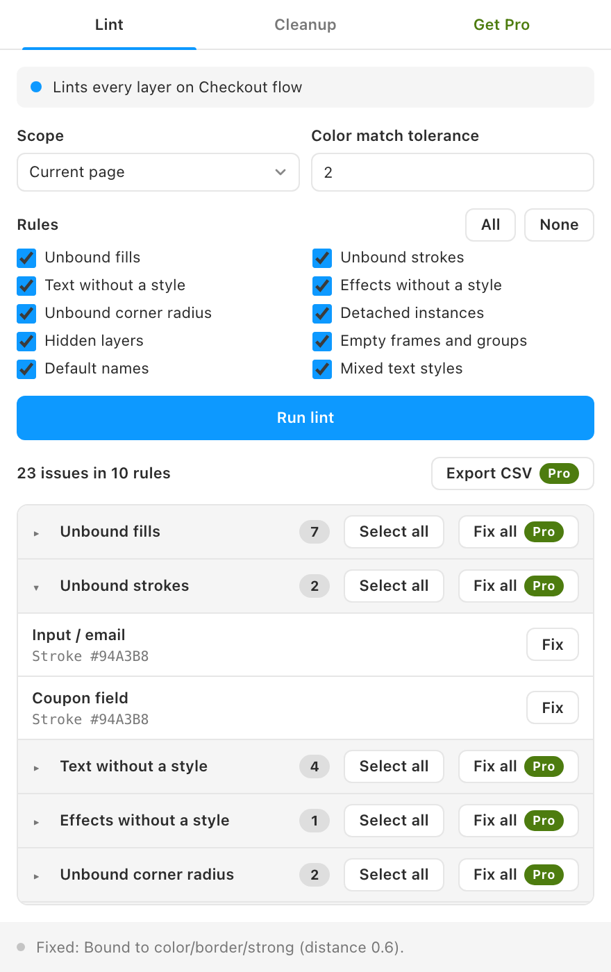 The Unbound strokes group open, with a Fix button on each row and the status bar confirming a fix.