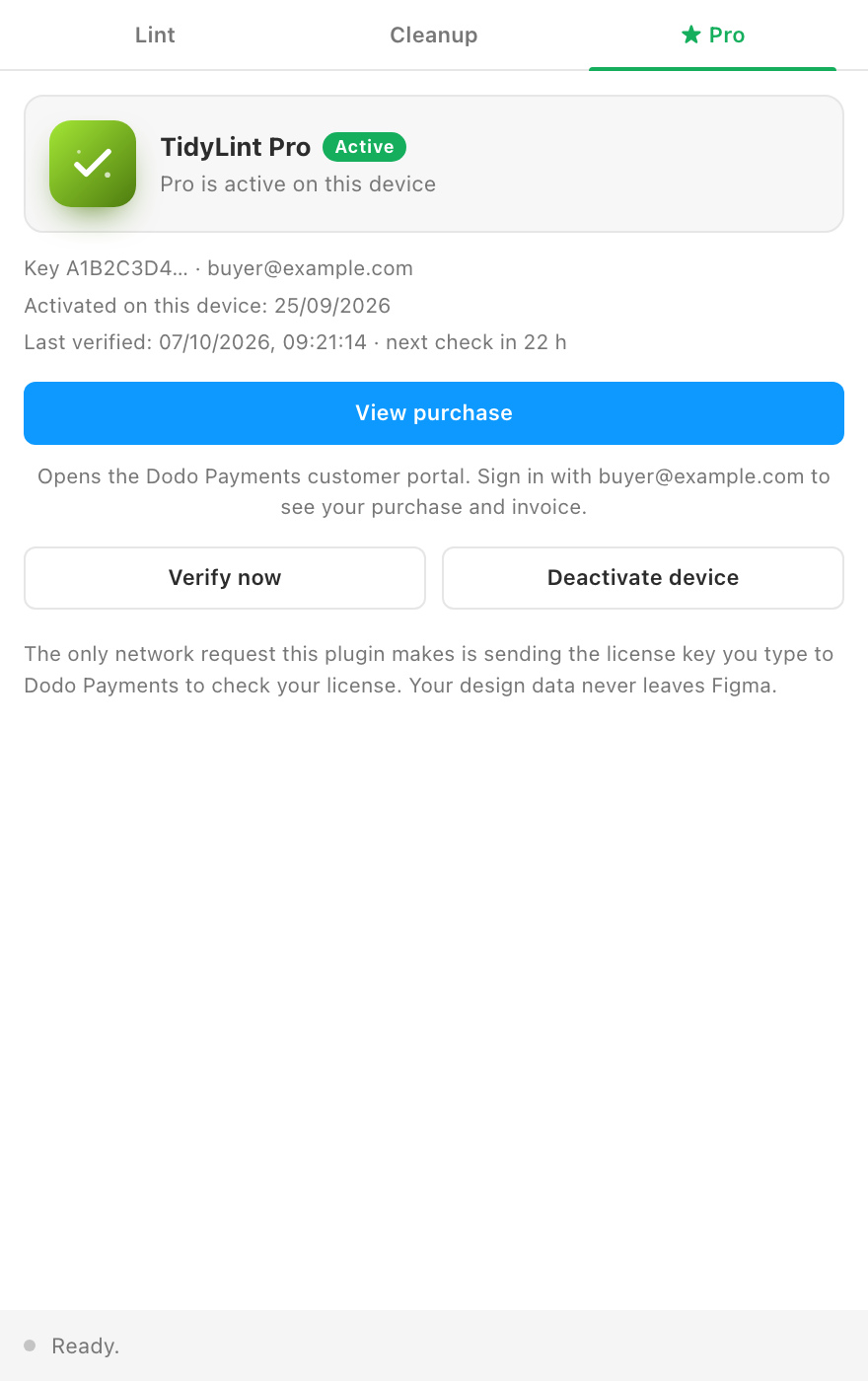 The Pro tab with an active license.