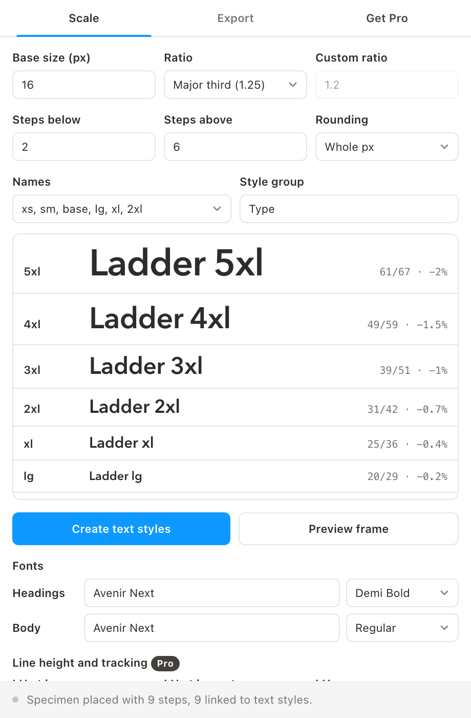 The Scale tab with a major third scale previewed in Avenir Next.