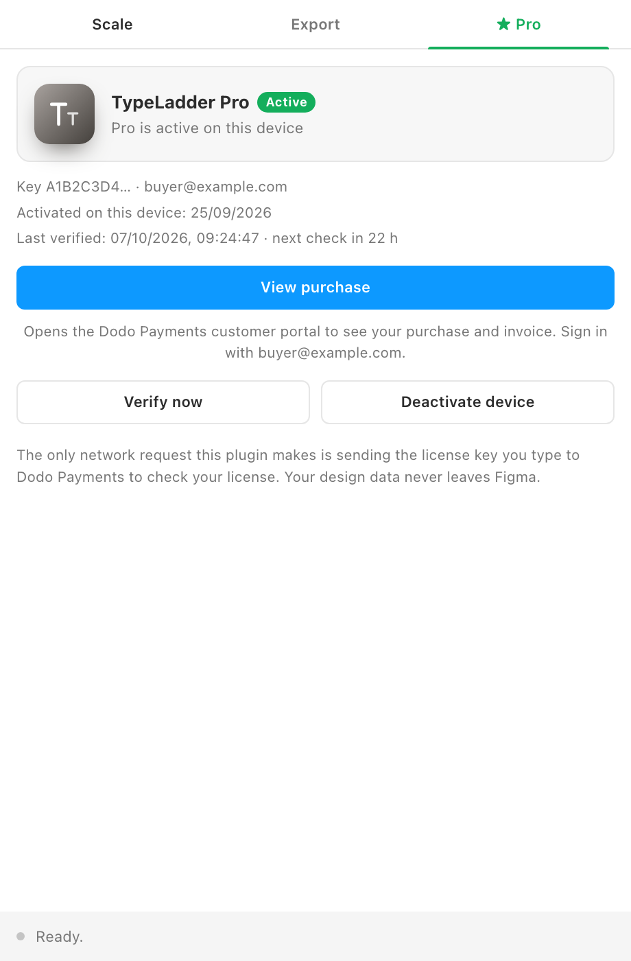 The Get Pro tab with an active license.